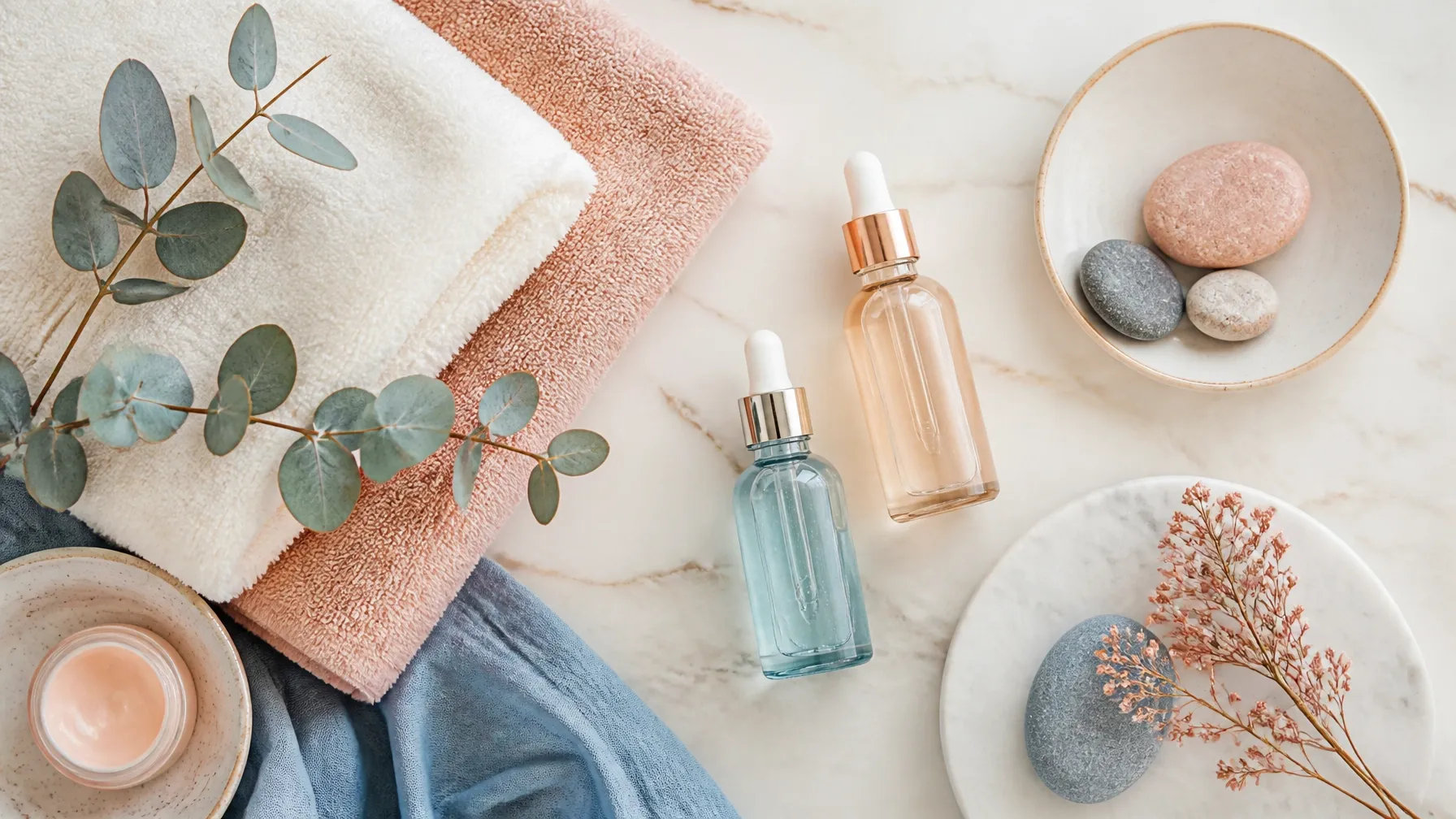 Spa towels, skincare oils, stones, and eucalyptus arranged for a relaxing beauty treatment